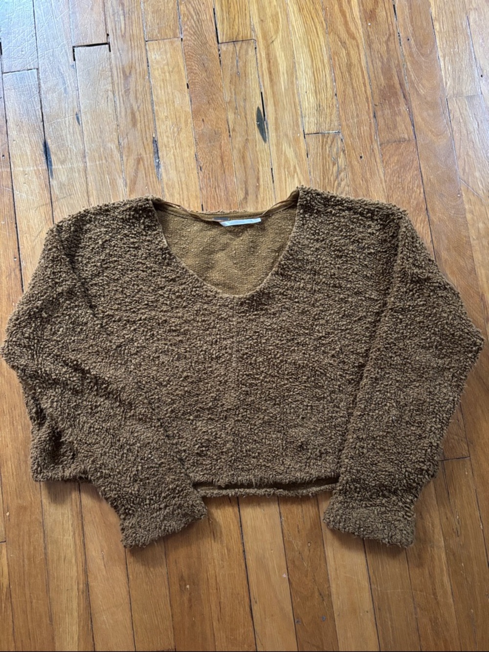 Free People Brown Teddy V-Neck Cropped Sweater